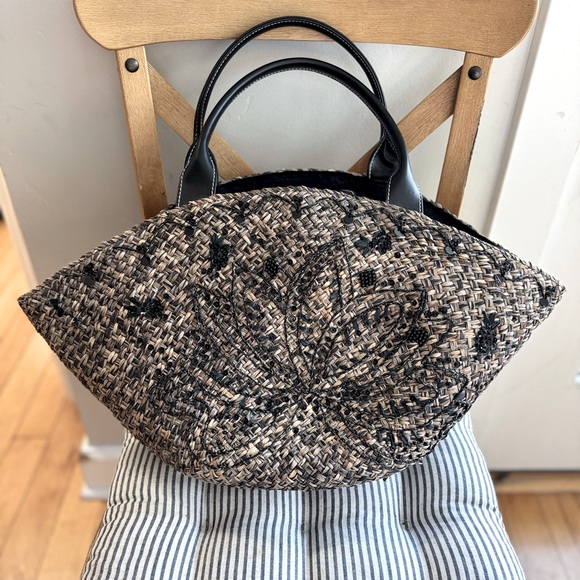 Vintage Indeed Black Beaded Straw Boho Oversized Basket Bag Made in Philippines - Picture 1 of 16